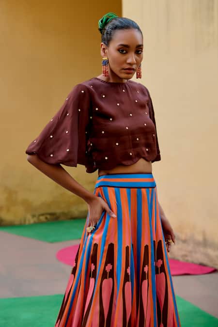 Buy Swati Vijaivargie Brown Linen, Satin Embroidery Round Neck Polka Dot Pattern Top With Lehenga Online at Aza Fashions Buy_Swati Vijaivargie_Brown Linen, Satin Embroidery Round Neck Polka Dot Pattern Top With Lehenga _Online_at_Aza_Fashions