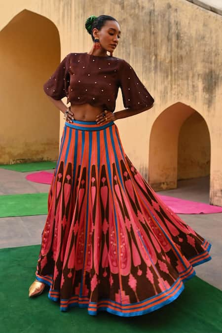 Shop Swati Vijaivargie Brown Linen, Satin Embroidery Round Neck Polka Dot Pattern Top With Lehenga Online at Aza Fashions Shop_Swati Vijaivargie_Brown Linen, Satin Embroidery Round Neck Polka Dot Pattern Top With Lehenga _Online_at_Aza_Fashions