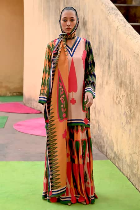 Swati Vijaivargie Multi Color Silk V-neck Abstract Pattern Kurta Set