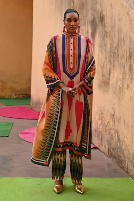 Swati Vijaivargie Multi Color Silk Embroidery Mandarin Collar Abstract Pattern Kurta Set 