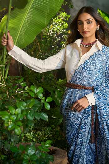 Buy Aariyana Couture Blue Georgette, Silk Satin Collared Animal Swirl Print Saree With Shirt Buy_Aariyana Couture_Blue Georgette, Silk Satin Collared Animal Swirl Print Saree With Shirt