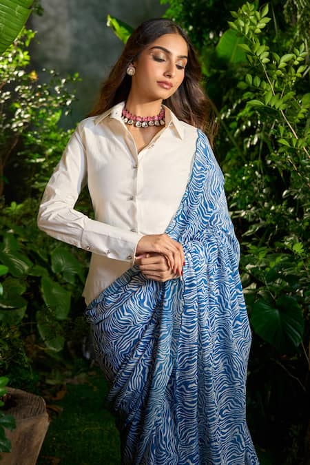 Buy Aza X Shilpa Shetty Kundra Blue Georgette, Silk Satin Collared Animal Swirl Print Saree With Shirt Online at Aza Fashions Buy_Aza X Shilpa Shetty Kundra_Blue Georgette, Silk Satin Collared Animal Swirl Print Saree With Shirt _Online_at_Aza_Fashions