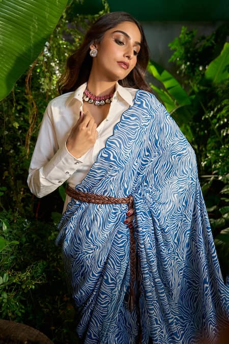 Aza X Shilpa Shetty Kundra Blue Georgette, Silk Satin Collared Animal Swirl Print Saree With Shirt at Aza Fashions Aza X Shilpa Shetty Kundra_Blue Georgette, Silk Satin Collared Animal Swirl Print Saree With Shirt _at_Aza_Fashions