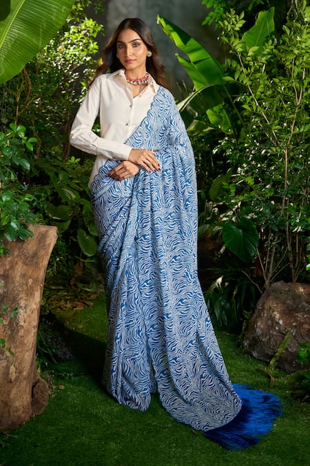 Shop Aza X Shilpa Shetty Kundra Blue Georgette, Silk Satin Collared Animal Swirl Print Saree With Shirt Shop_Aza X Shilpa Shetty Kundra_Blue Georgette, Silk Satin Collared Animal Swirl Print Saree With Shirt