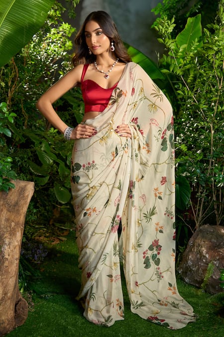 Buy_Aza X Shilpa Shetty Kundra_Multi Color Floral Vine Print Pre-draped Saree With Contrasting Blouse 