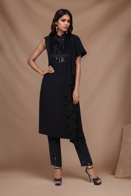 Aariyana Couture Black Modal, Bamboo, Taffeta Sequins, Beads Round Neck Embroidered Kurta Set