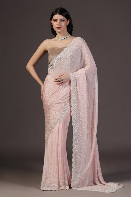 Two Sisters By Gyans Pink Chiffon Beads Designer Classic Saree Set