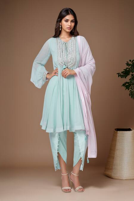 Buy Aariyana Couture Blue Georgette, Bamboo Embroidery, Beads Kurta Set at Aza Fashions Buy_Aariyana Couture_Blue Georgette, Bamboo Embroidery, Beads Kurta Set_at_Aza_Fashions