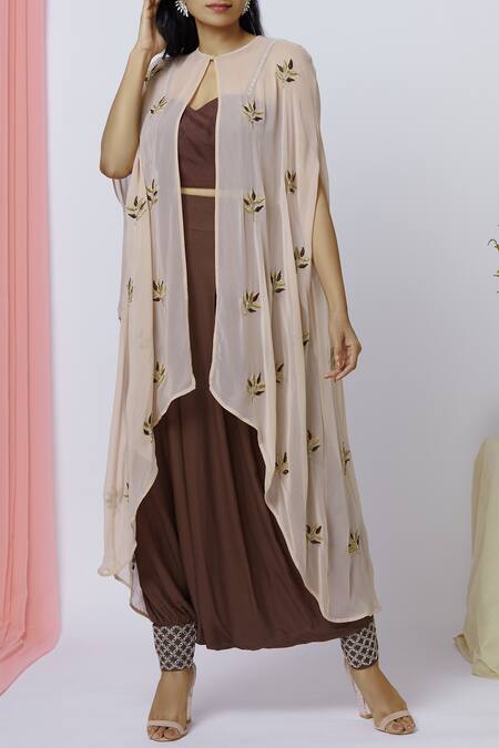 Buy_Aariyana Couture_Beige Georgette, Mohair Embroidery Sweetheart Neck Cape Pant Set