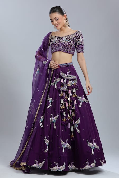 Buy_Swish By Dolcy And Simran_Purple Tassels, Beads, Embroidery Sweetheart Neck Lehenga Set _Online_at_Aza_Fashions