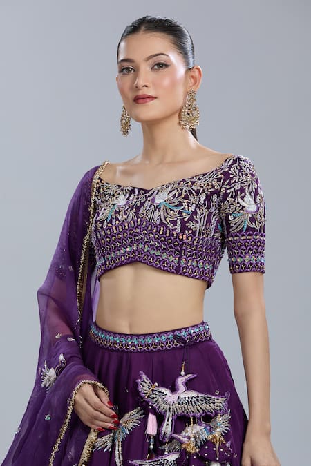 Shop_Swish By Dolcy And Simran_Purple Tassels, Beads, Embroidery Sweetheart Neck Lehenga Set _Online_at_Aza_Fashions