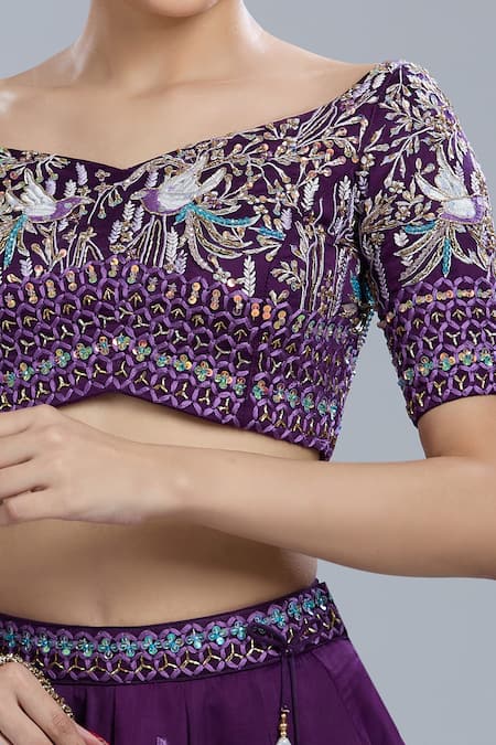 Swish By Dolcy And Simran_Purple Tassels, Beads, Embroidery Sweetheart Neck Lehenga Set _at_Aza_Fashions