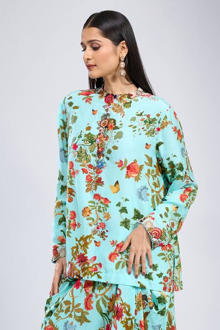 Anamika Khanna_Blue Embroidery Round Neck Sky Printed Short Kurta And Skirt Set _Online_at_Aza_Fashions