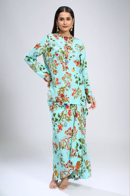 Anamika Khanna Blue Embroidery Round Neck Sky Printed Short Kurta And Skirt Set