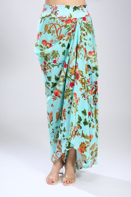 Buy_Anamika Khanna_Blue Embroidery Round Neck Sky Printed Short Kurta And Skirt Set _Online_at_Aza_Fashions