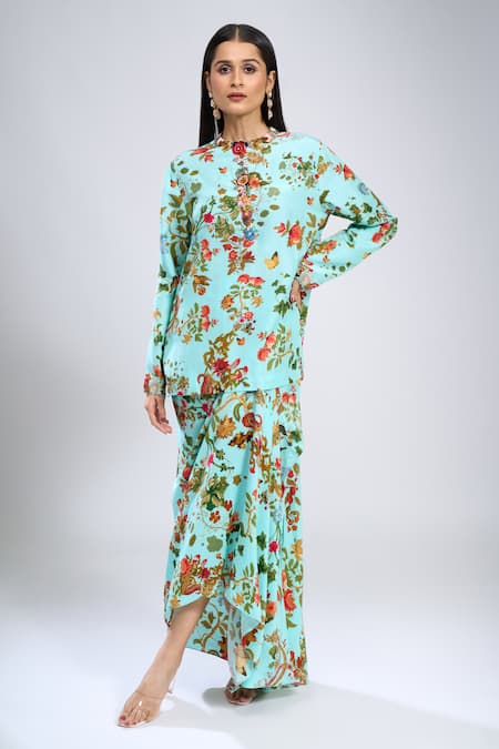 Shop_Anamika Khanna_Blue Embroidery Round Neck Sky Printed Short Kurta And Skirt Set _Online_at_Aza_Fashions