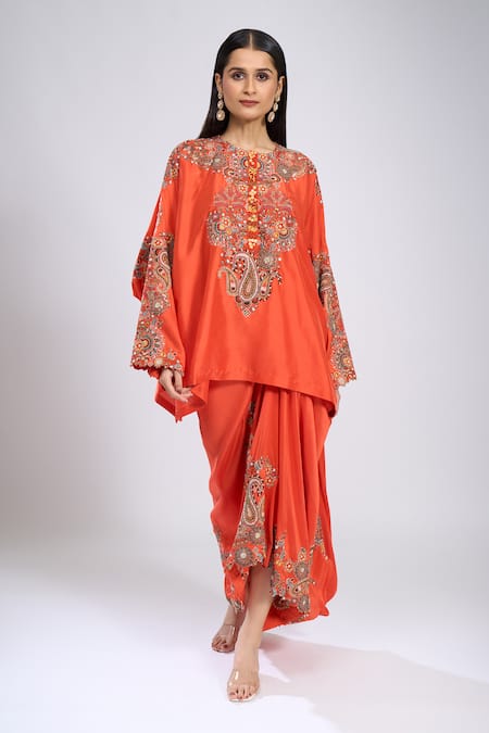 Anamika Khanna_Orange Sequins, Embroidery Round Neck Paisley Print Kurta And Draped Skirt Set _Online_at_Aza_Fashions