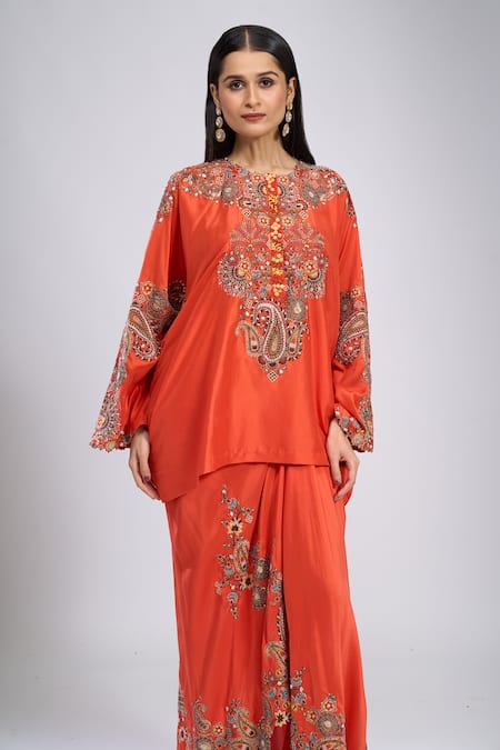 Buy_Anamika Khanna_Orange Sequins, Embroidery Round Neck Paisley Print Kurta And Draped Skirt Set _Online_at_Aza_Fashions