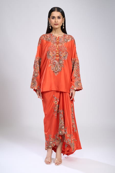 Shop_Anamika Khanna_Orange Sequins, Embroidery Round Neck Paisley Print Kurta And Draped Skirt Set _Online_at_Aza_Fashions