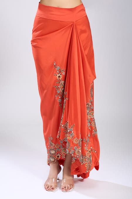 Anamika Khanna_Orange Sequins, Embroidery Round Neck Paisley Print Kurta And Draped Skirt Set _at_Aza_Fashions