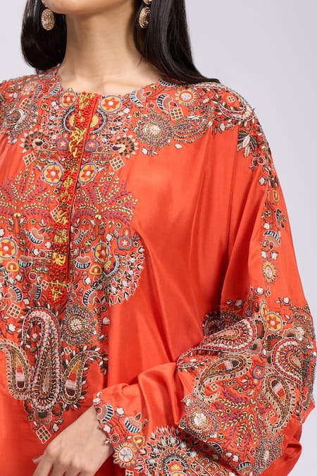 Buy_Anamika Khanna_Orange Sequins, Embroidery Round Neck Paisley Print Kurta And Draped Skirt Set 