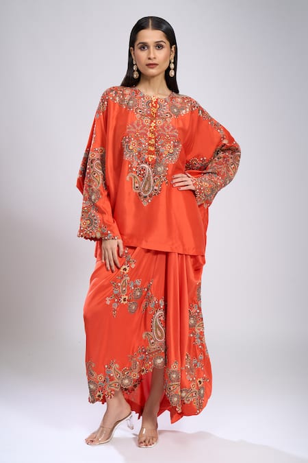 Anamika Khanna Orange Sequins, Embroidery Round Neck Paisley Print Kurta And Draped Skirt Set