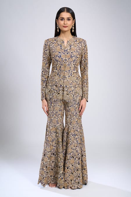 Anamika Khanna_Blue Cotton Embroidery Round Neck Peplum Top With Sharara _Online_at_Aza_Fashions