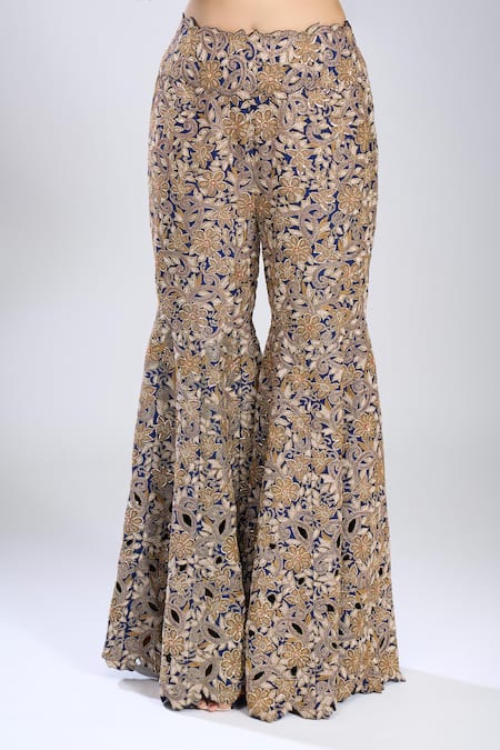 Buy_Anamika Khanna_Blue Cotton Embroidery Round Neck Peplum Top With Sharara _Online_at_Aza_Fashions