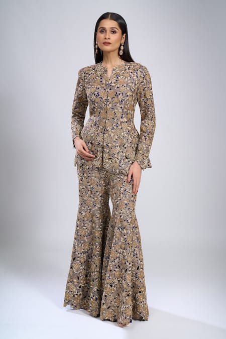 Shop_Anamika Khanna_Blue Cotton Embroidery Round Neck Peplum Top With Sharara _Online_at_Aza_Fashions