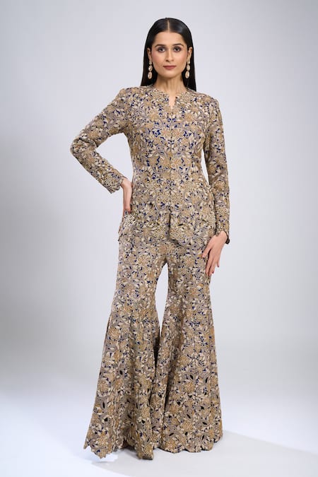 Anamika Khanna Blue Cotton Embroidery Round Neck Peplum Top With Sharara
