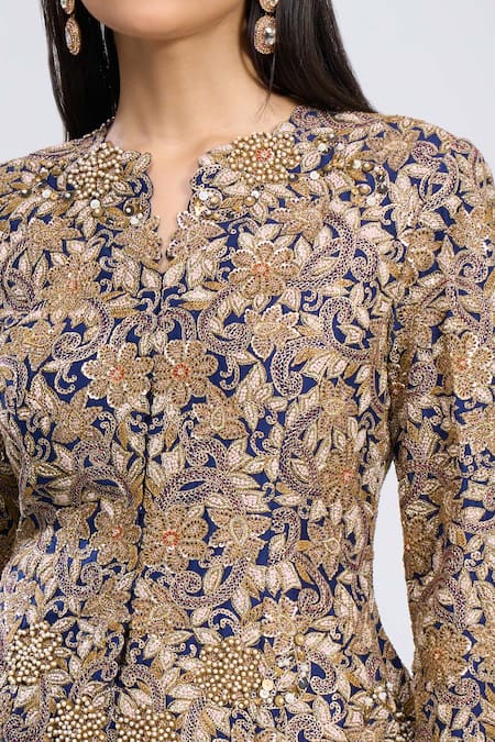 Anamika Khanna_Blue Cotton Embroidery Round Neck Peplum Top With Sharara _at_Aza_Fashions