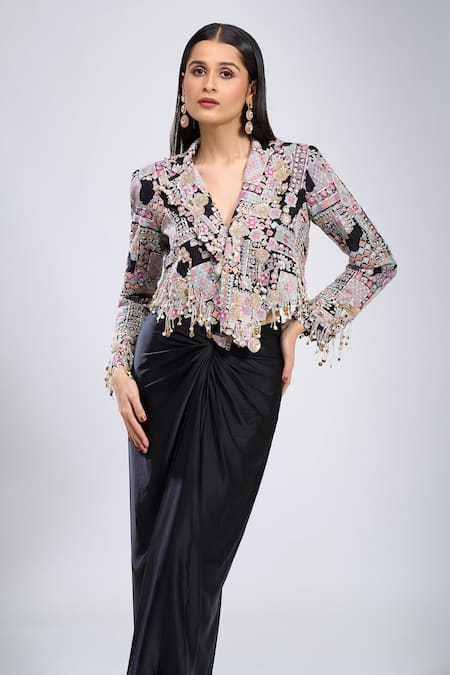 Anamika Khanna_Black Beads V-neck Embroidered Jacket With Skirt _Online_at_Aza_Fashions