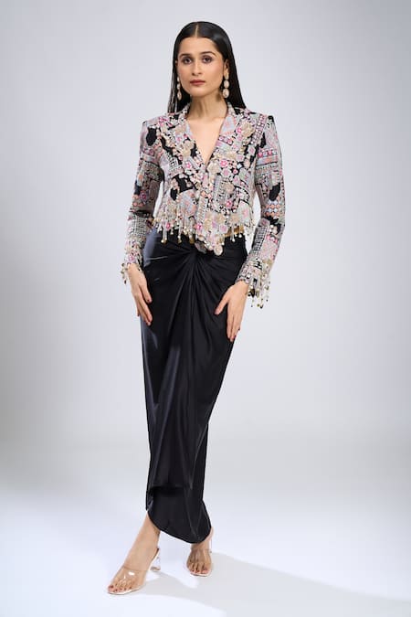Anamika Khanna Black Beads V-neck Embroidered Jacket With Skirt