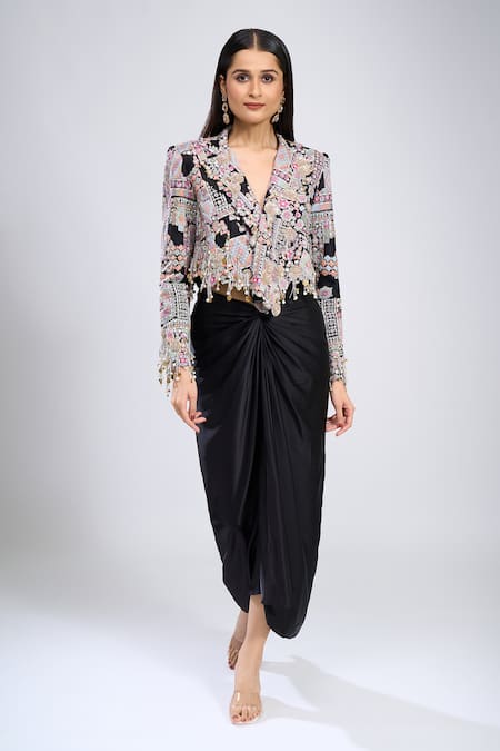 Buy_Anamika Khanna_Black Beads V-neck Embroidered Jacket With Skirt _Online_at_Aza_Fashions