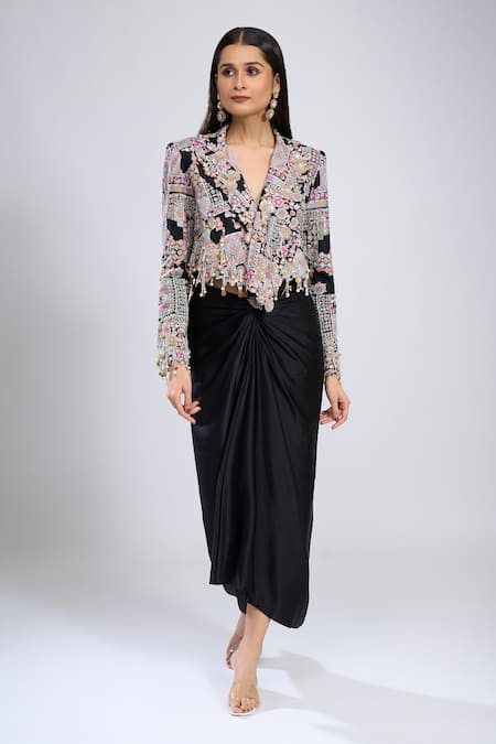Shop_Anamika Khanna_Black Beads V-neck Embroidered Jacket With Skirt _Online_at_Aza_Fashions