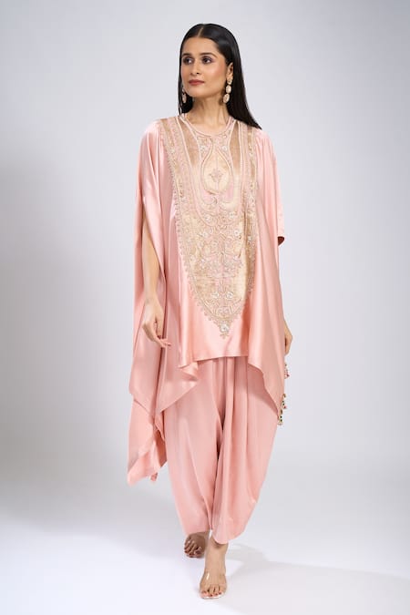 Anamika Khanna_Pink Embroidery Round Neck Kurta With Skirt _Online_at_Aza_Fashions