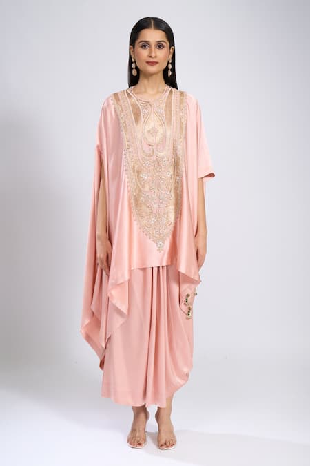 Buy_Anamika Khanna_Pink Embroidery Round Neck Kurta With Skirt _Online_at_Aza_Fashions