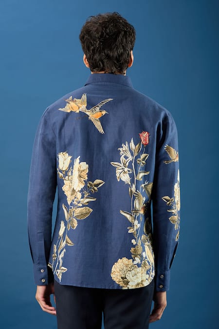 Rohit Bal_Blue Poplin Embroidery Indigo Shirt _Online_at_Aza_Fashions