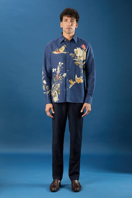 Buy_Rohit Bal_Blue Poplin Embroidery Indigo Shirt _Online_at_Aza_Fashions