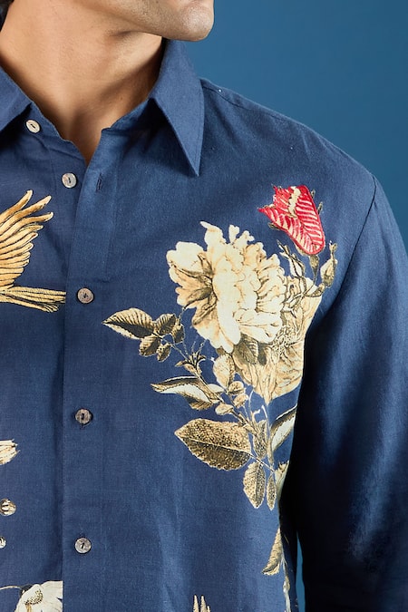 Shop_Rohit Bal_Blue Poplin Embroidery Indigo Shirt _Online_at_Aza_Fashions