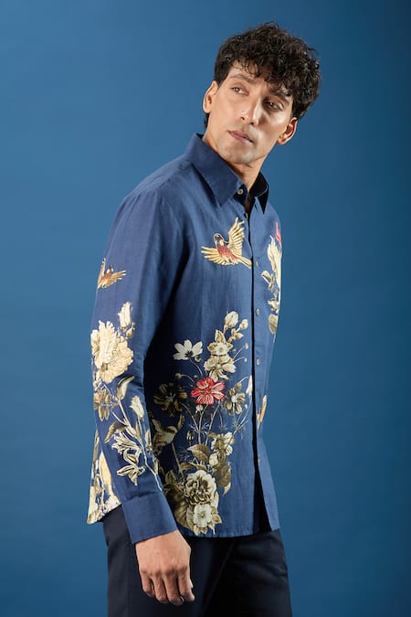 Rohit Bal_Blue Poplin Embroidery Indigo Shirt _at_Aza_Fashions