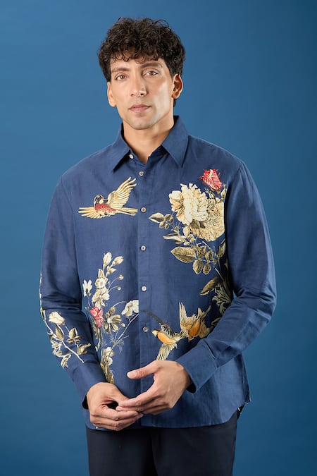 Buy_Rohit Bal_Blue Poplin Embroidery Indigo Shirt 