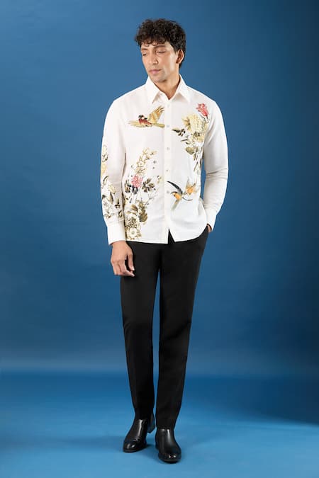 Rohit Bal_Ivory Poplin Embroidery Shirt _at_Aza_Fashions
