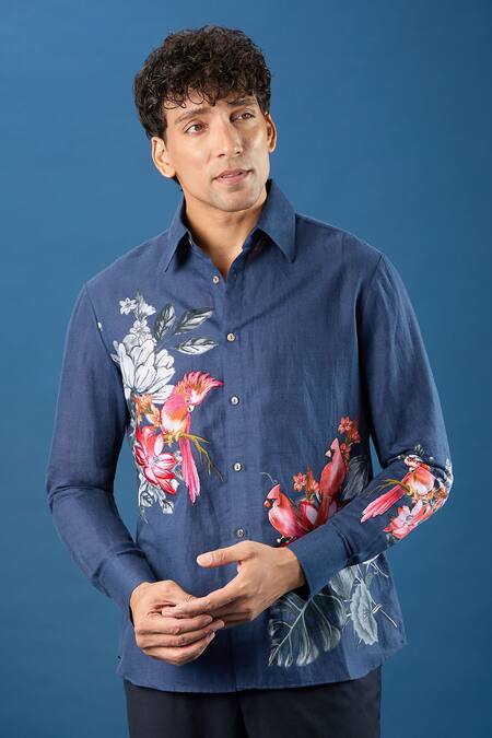 Buy_Rohit Bal_Blue Poplin Embroidery Indigo Shirt _Online_at_Aza_Fashions