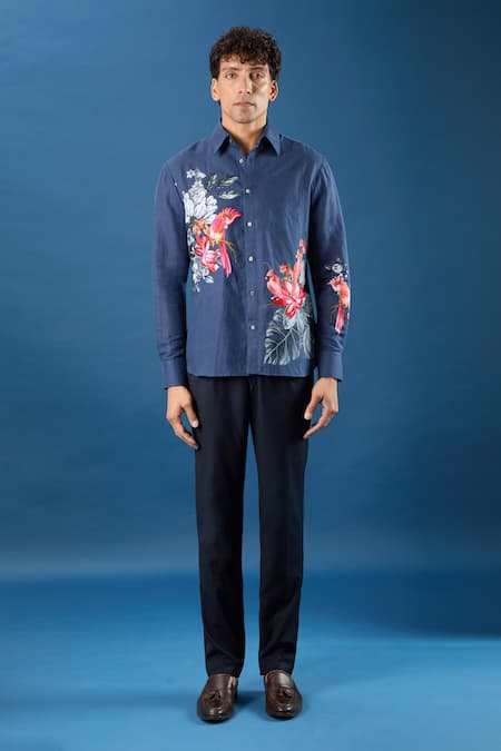 Shop_Rohit Bal_Blue Poplin Embroidery Indigo Shirt _Online_at_Aza_Fashions