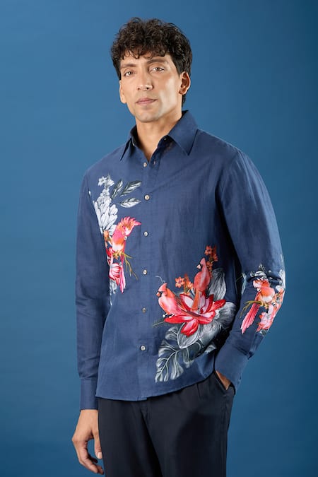 Rohit Bal Blue Poplin Embroidery Indigo Shirt