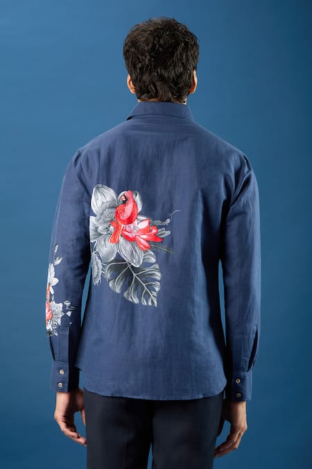 Rohit Bal_Blue Poplin Embroidery Indigo Shirt _Online_at_Aza_Fashions