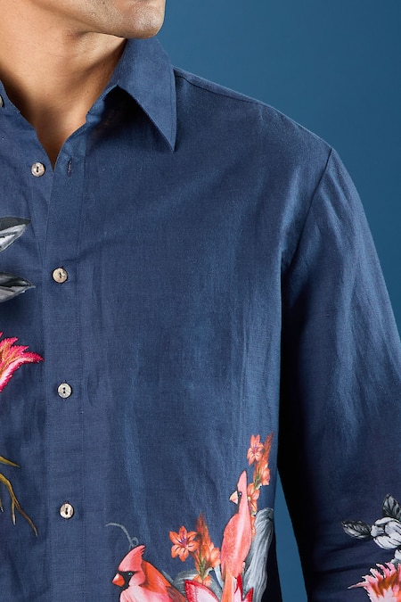 Rohit Bal_Blue Poplin Embroidery Indigo Shirt _at_Aza_Fashions