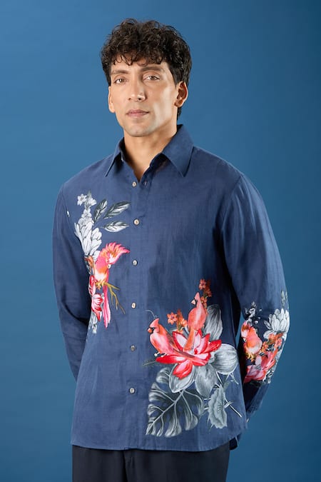 Buy_Rohit Bal_Blue Poplin Embroidery Indigo Shirt 