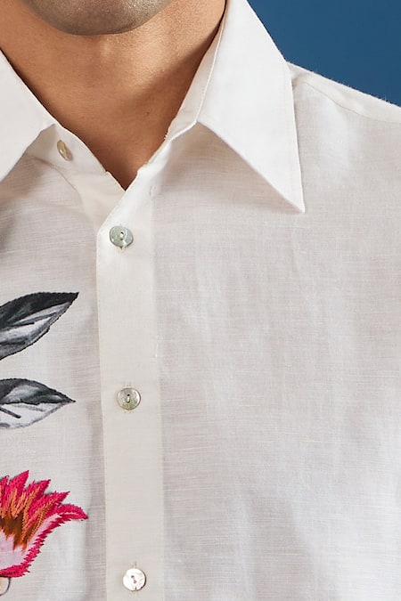 Buy_Rohit Bal_Ivory Poplin Embroidery Shirt _Online_at_Aza_Fashions
